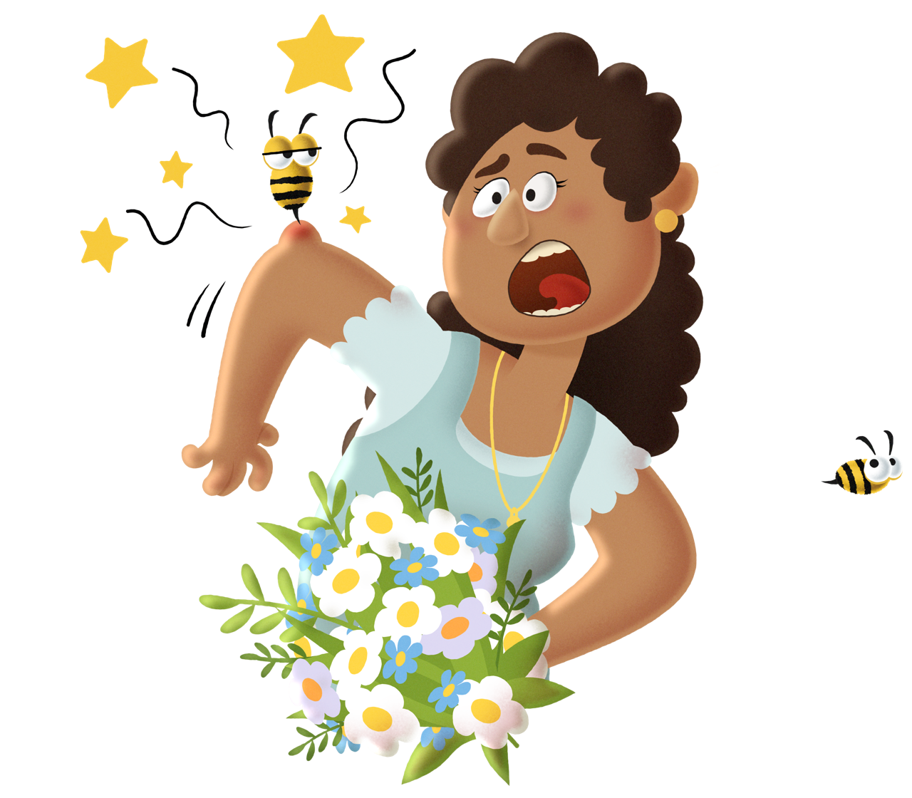Eine illustrierte Frau mit Blumenstrauß in der Hand hat einen Bienenstich am Ellenbogen.