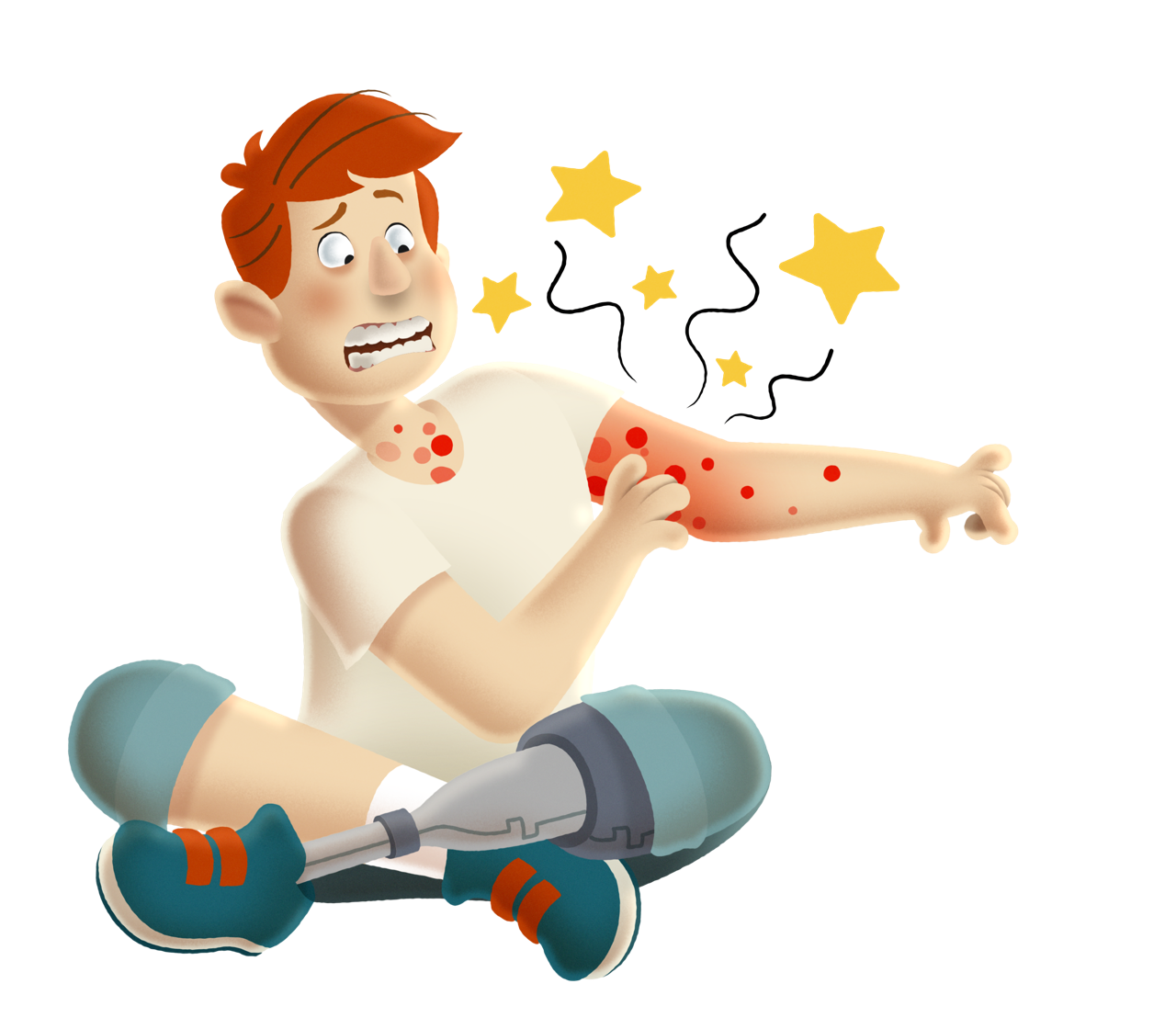 Ein illustrierter Mann hat einen Hautausschlag auf dem Arm und kratzt sich.