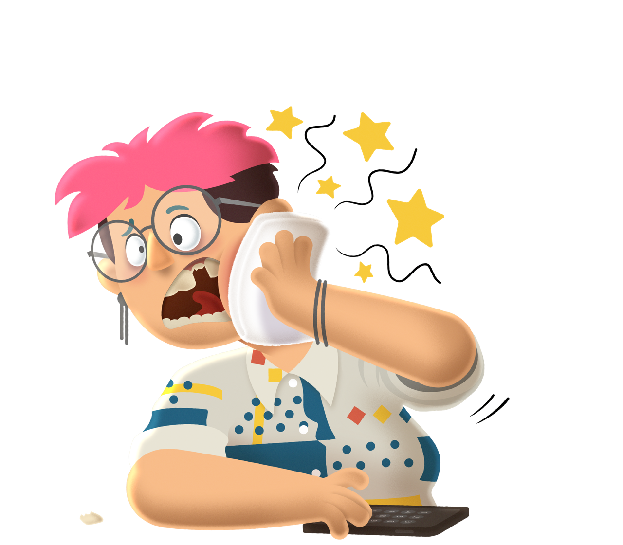 Eine illustrierte Person mit pinken Haaren und Brille hält sich die Wange wegen Zahnschmerzen.